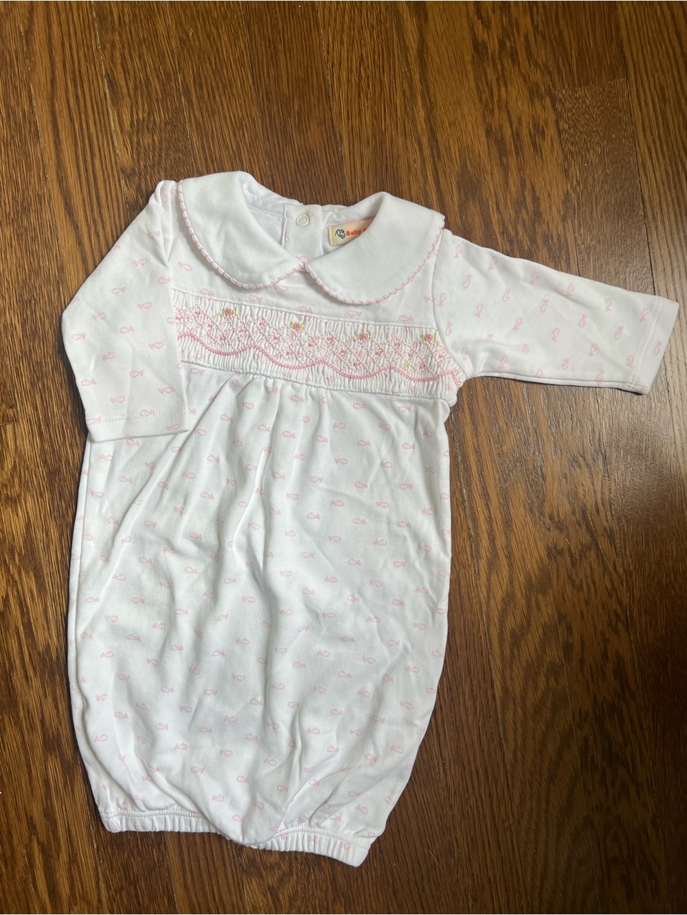 Baby One-Piece Gown - White with Pink Smocking